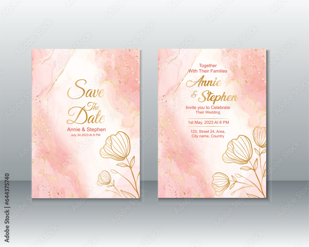 Golden wedding invitation Template with water color background and golden outline flowers vector illustration