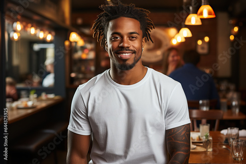 A Young Man Showcases Bella Canvas White T-Shirt and Jeans, Savoring Sunshine at a Charming Restaurant, Featuring a T-Shirt Design Template and Print Presentation Mockup.. created with Generative AI