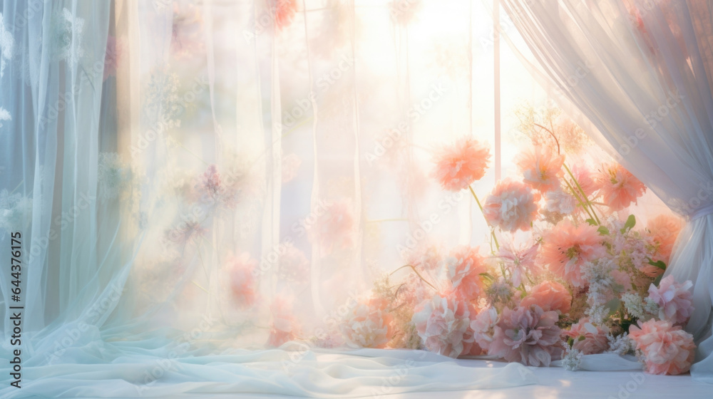 A dreamy and whimsical summerthemed cosmetic background with a pastel color palette. The soft evening sunlight filters through gauzy white curtains, casting intricate patterns of light - obrazy, fototapety, plakaty 