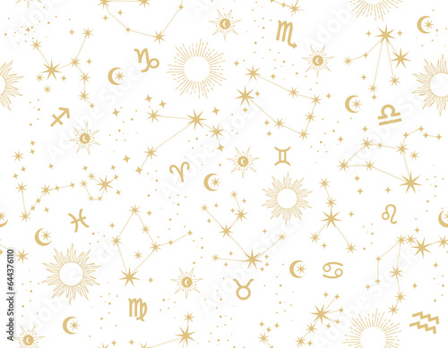 Seamless pattern of zodiac signs. Vector illustration. Twelve constellations