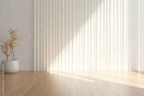 A minimalist yet visually striking backdrop showcasing the play of light and shadow in an autumn setting. The cool sunlight seeps through the translucent white curtains, creating a soft