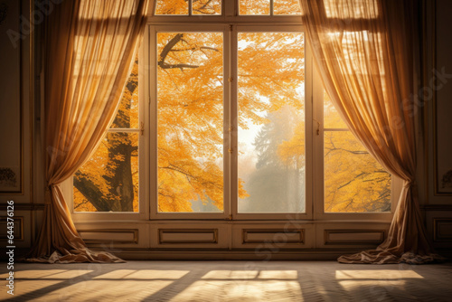 A picturesque autumn landscape viewed through a large window, framed by warmtoned curtains. The soft and diffused sunlight casts an enchanting glow over the room, while the intricate tree