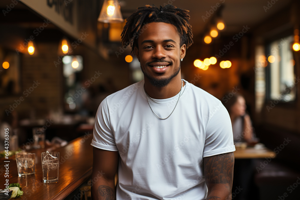 A Young Man Showcases Bella Canvas White T-Shirt and Jeans, Savoring Sunshine at a Charming Restaurant, Featuring a T-Shirt Design Template and Print Presentation Mockup.. created with Generative AI A Young Man Showcases Bella Canvas White T-Shirt and Jeans, Savoring Sunshine at a Charming Restaurant, Featuring a T-Shirt Design Template and Print Presentation Mockup.. created with Generative AI