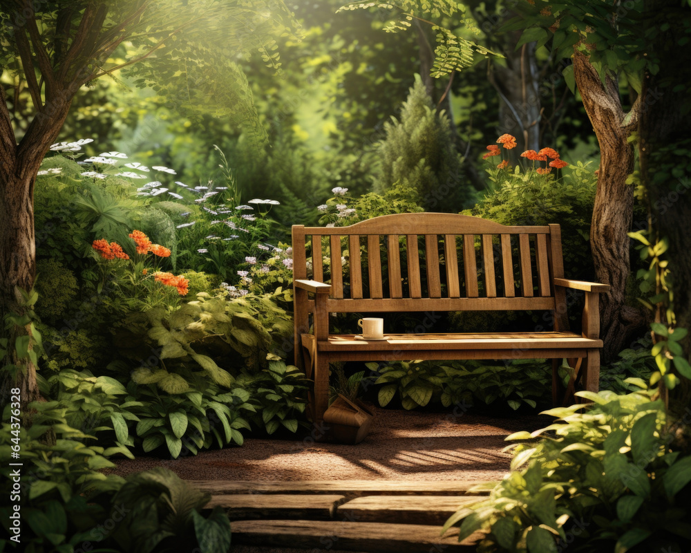 Obraz premium A peaceful backyard garden scene depicts a wooden bench nestled ast lush greenery, with gentle sunlight filtering through the leaves. The intricate shadows of the foliage playfully dance