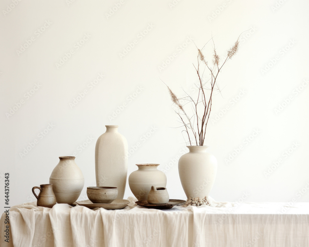 A minimalist boho setup with a clean white background, embodying a tranquil atmosphere. The soft, diffused light reveals the intricate texture of a set of ceramic vases, casting delicate
