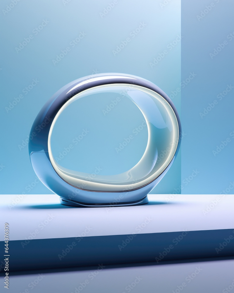 Fototapeta premium This retro futurism product presentation features a calming blue hue in the gentle light background. The window casts delicate shadows on a polished metal surface, highlighting the sleek