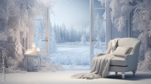A serene and snowy winter landscape displays a frosted windowpane adorned with delicate ice crystals. The soft  cool light spills into the room  touching a plush velvet armchair  creating