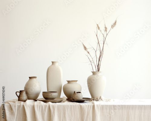 A minimalist boho setup with a clean white background  embodying a tranquil atmosphere. The soft  diffused light reveals the intricate texture of a set of ceramic vases  casting delicate