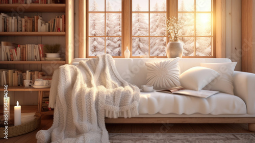  A winter scene in a farm house living room, where the soft morning light seeps through frosted windows. The background features a plush sofa dd with a warm, knitted blanket,