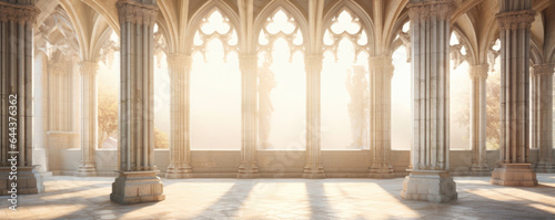 Foto An ethereal scene of a medieval chapel flooded with soft, ethereal light filtered through tall arched windows
