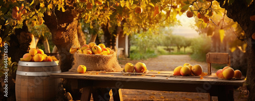 A peaceful autumn scene in a medieval orchard, where gentle sunlight filters through vibrant orange and yellow leaves. The light casts soft shadows on the rid apples and pears, creating