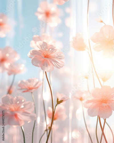 A springthemed cyberpunk gentle light background, with soft pastel colors flooding the room through blooming flowers on a windowsill. The delicate petals cast intricate patterns of light