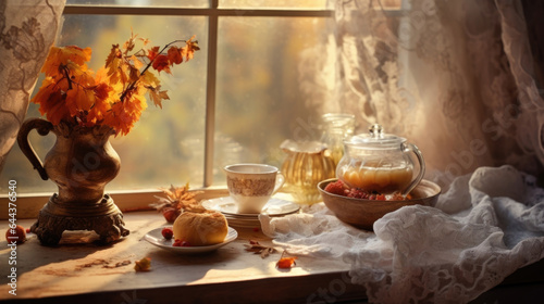 A captivating autumn background with a combination of warm and cool hues. The soft sunlight pours through a foggy, rainspeckled window, casting subtle shadows on a vintage fabriccovered