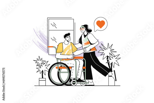 Disabled people linear concept with people scene in the flat cartoon style. A girl takes care of her friend who is in a wheelchair so that he does not feel alone. Vector illustration.