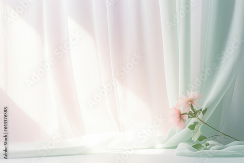  This scene showcases a minimalistic abstract background with a gentle light that filters through a curtain, creating a soft and ethereal atmosphere. The intricate shadow