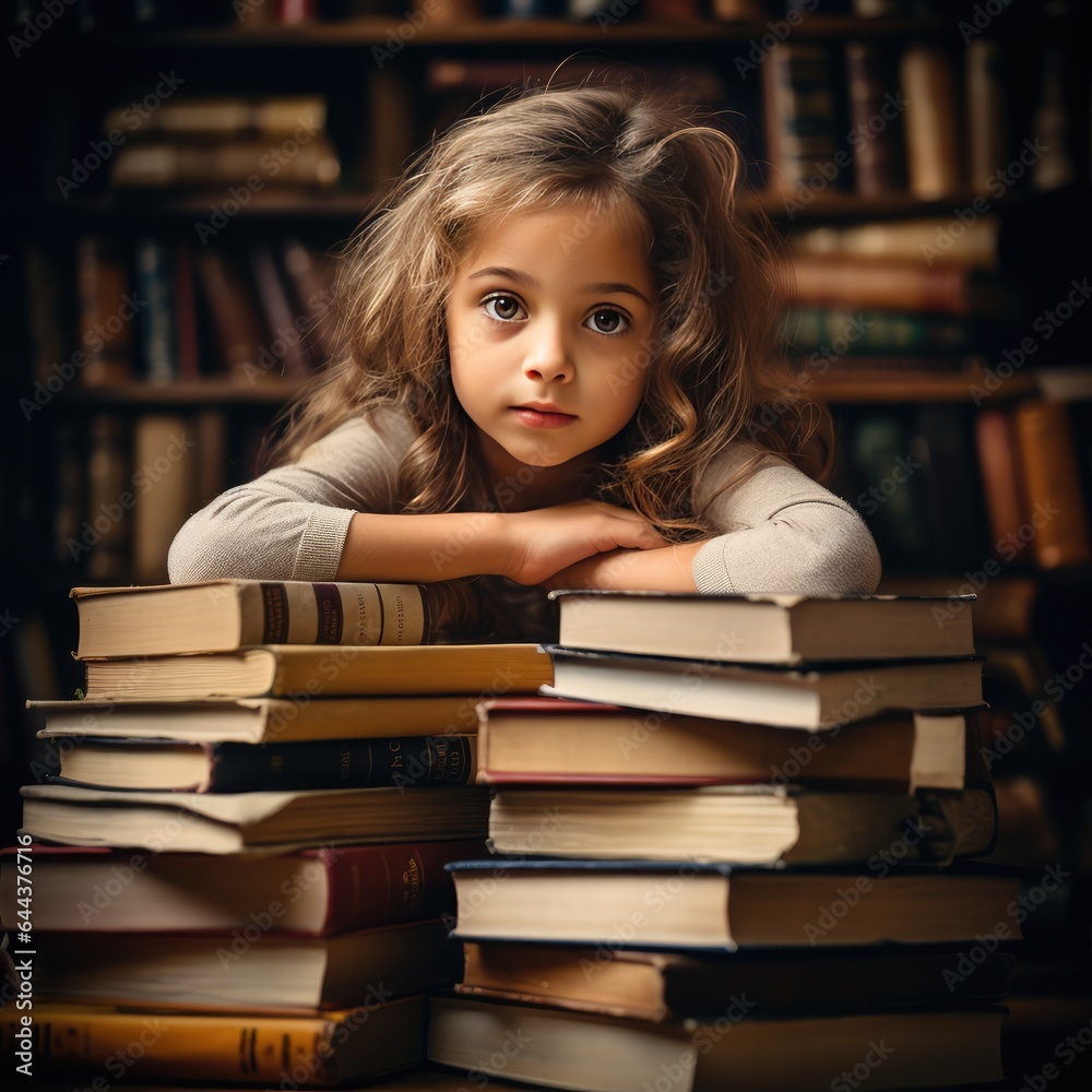 A little girl is reading a book a pile of books behind her, AI generated Image A little girl is reading a book a pile of books behind her, AI generated Image