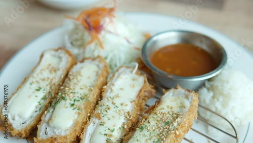 Wallpaper Mural Japanese Cheese Tonkatsu Revealing Closeup on Plate with Sauce and Cabbage Salad and Sesame Topping Torontodigital.ca