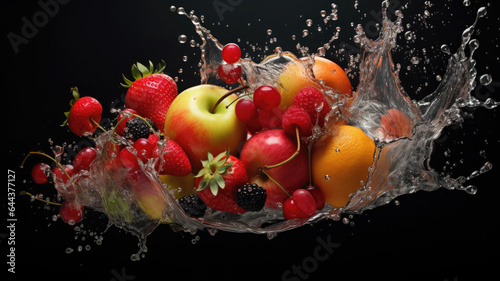 Dynamic  Fruit  Splash  Black Background in Fluid Photography