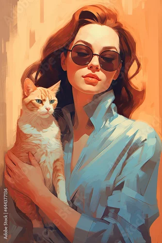 Fototapeta Beautiful woman in glasses holding a cat in her arms