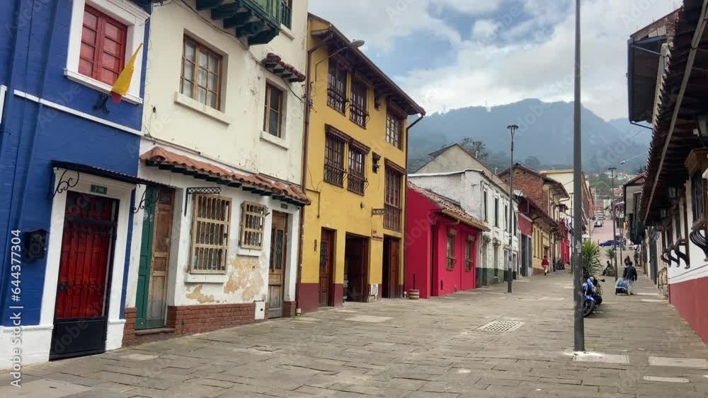 Typical colonial houses facade in La Candelaria neighbourhood of Bogota, Colombia Typical colonial houses facade in La Candelaria neighbourhood of Bogota, Colombia