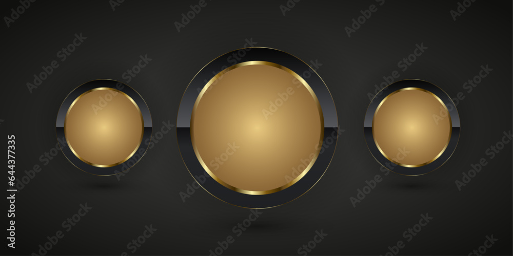 Dark and glod steel element Luxury realistic shiny metal. Three golden circle buttons on isolated black background. Premium circle button in round gold frame vector illustration