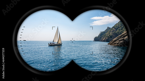 Foto Binoculars point of view with a white sailing boat in motion in the blue Mediterranean sea, San Fruttuoso bay between Portofino and Camogli, Genoa province (Genova), Liguria, Italy, Europe
