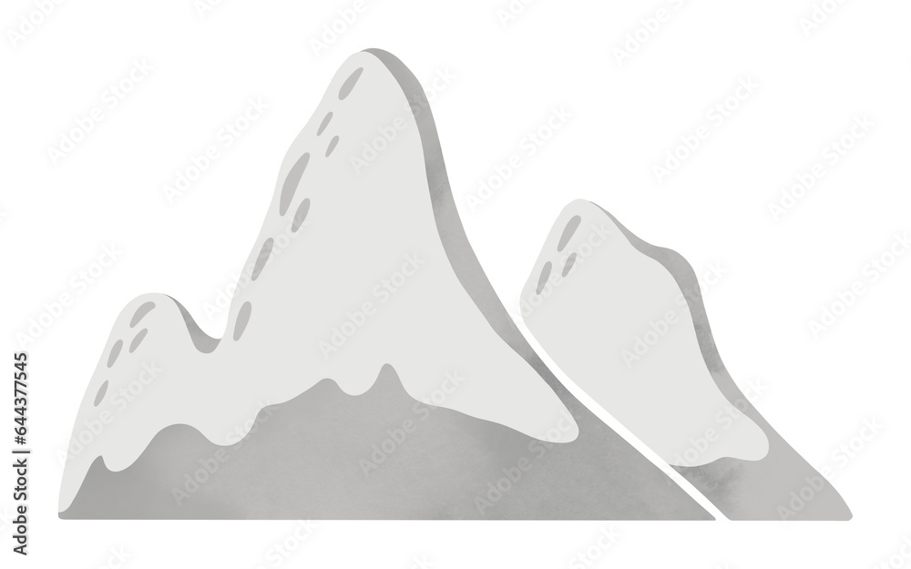 Doodle mountain in scandinavian style. Hill with snow. Hand drawn children digital illustration. Kids wallpaper. Mountainscape, baby room design, nursery wall decor.