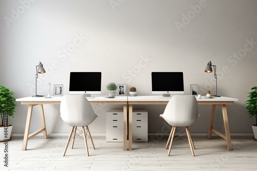 Front view of a contemporary white work table with computers in a roomy coworking office featuring grey chairs, a light cabinet, and light grey wall background. Generative AI