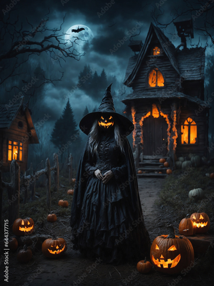 Halloween pumpkin head jack lantern with burning candles, Spooky Forest with a full moon. Pumpkins, witch and black cat In Graveyard In The Spooky Night. Generative AI Halloween pumpkin head jack lantern with burning candles, Spooky Forest with a full moon. Pumpkins, witch and black cat In Graveyard In The Spooky Night. Generative AI