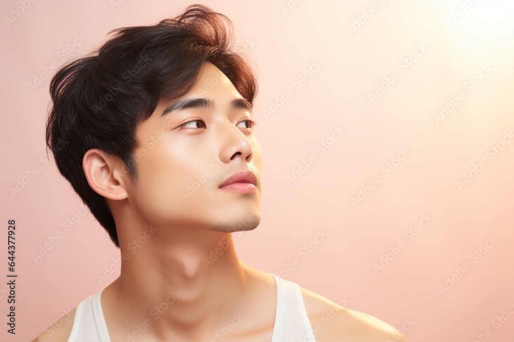 Young asian man her clean face with fresh healthy skin. AI Generated - obrazy, fototapety, plakaty 