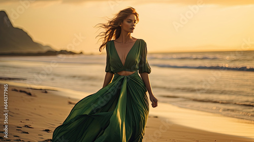 A beautiful woman in green dress walking on tropical beach at sunset. Generative Ai.