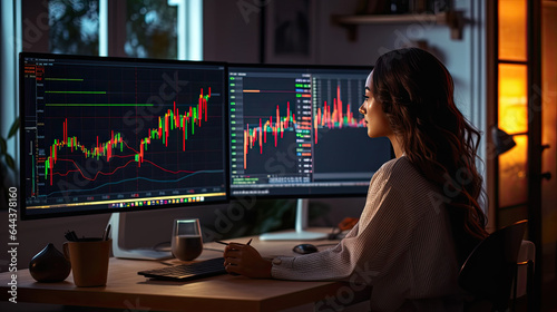 Analyst woman working from home in front of displays showing market graphs. Marketing specialist. Generative Ai