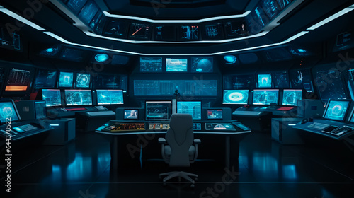 A wide shot of a futuristic control room