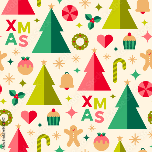 Cute symbol geometric elements with pine tree seamless pattern for christmas and new year celebration.