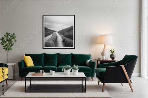 Interior mockup with picture frame on a Wall. Living room with sofa and painting on a wall 3D render. © Viktor
