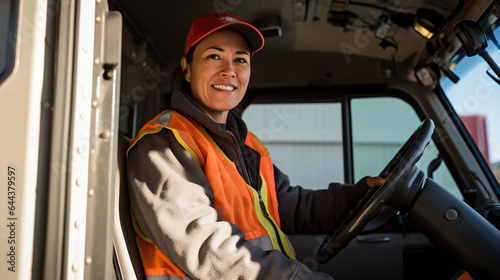 A female truck driver smiling at the camera