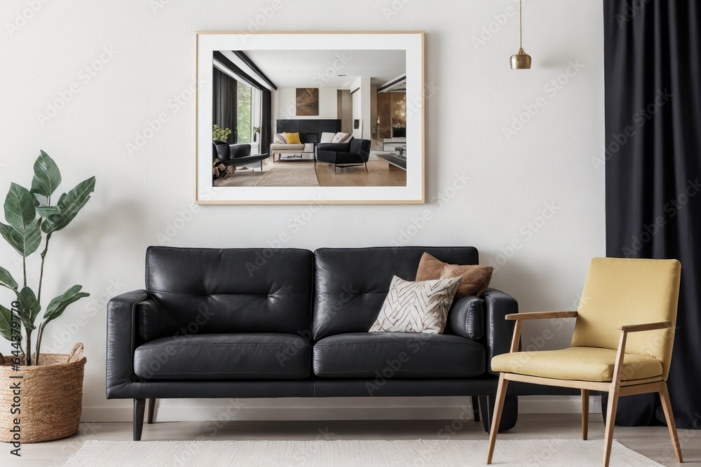 Fototapeta premium Interior mockup with picture frame on a Wall. Living room with sofa and painting on a wall 3D render.