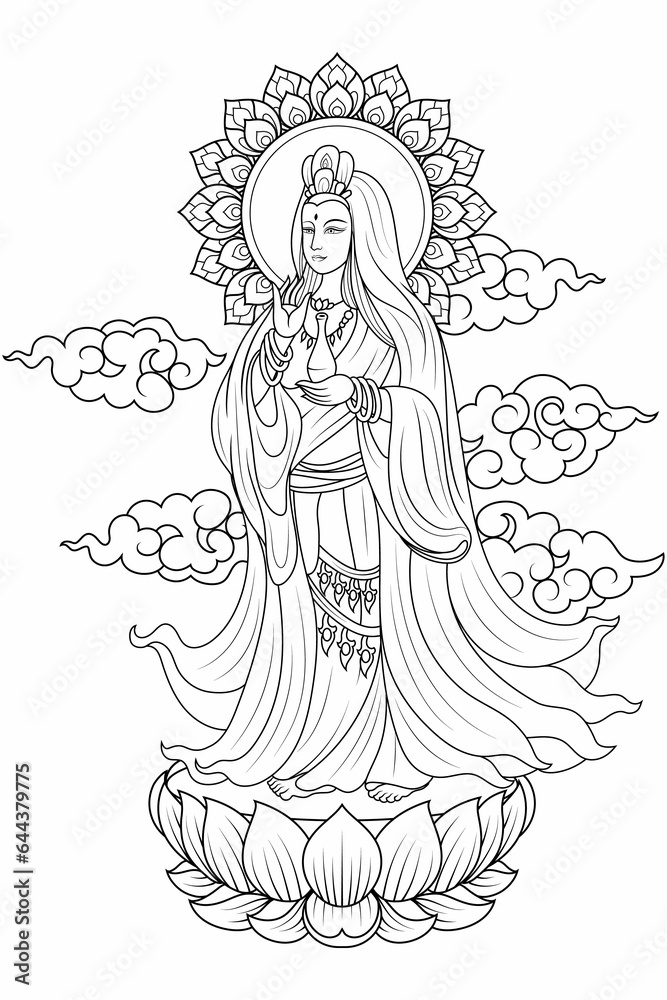 Quanyin or Guan Yin stand on lotus with aureole behind head and cloud background. Chinese god and art Guan Yin character design. Line art Buddhism religious illustration vector. Quanyin or Guan Yin stand on lotus with aureole behind head and cloud background. Chinese god and art Guan Yin character design. Line art Buddhism religious illustration vector.