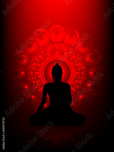 Silhouette Buddha Siddhartha gautama with abstract mandala star on red aura background.