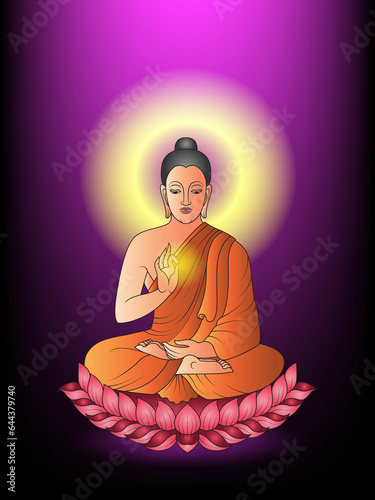 Hand drawn meditation Buddha vector painting with aura glowing background.