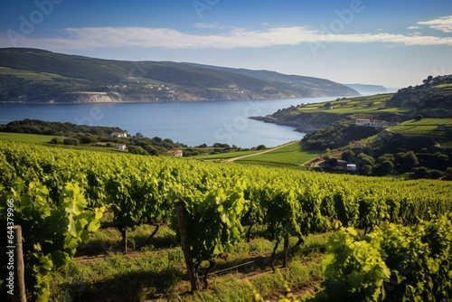 Pontevedra's sprawling Rias Baixas vineyards in Galicia offer exceptional Albariño grape produce, yielding top-notch white wine. Generative AI photo