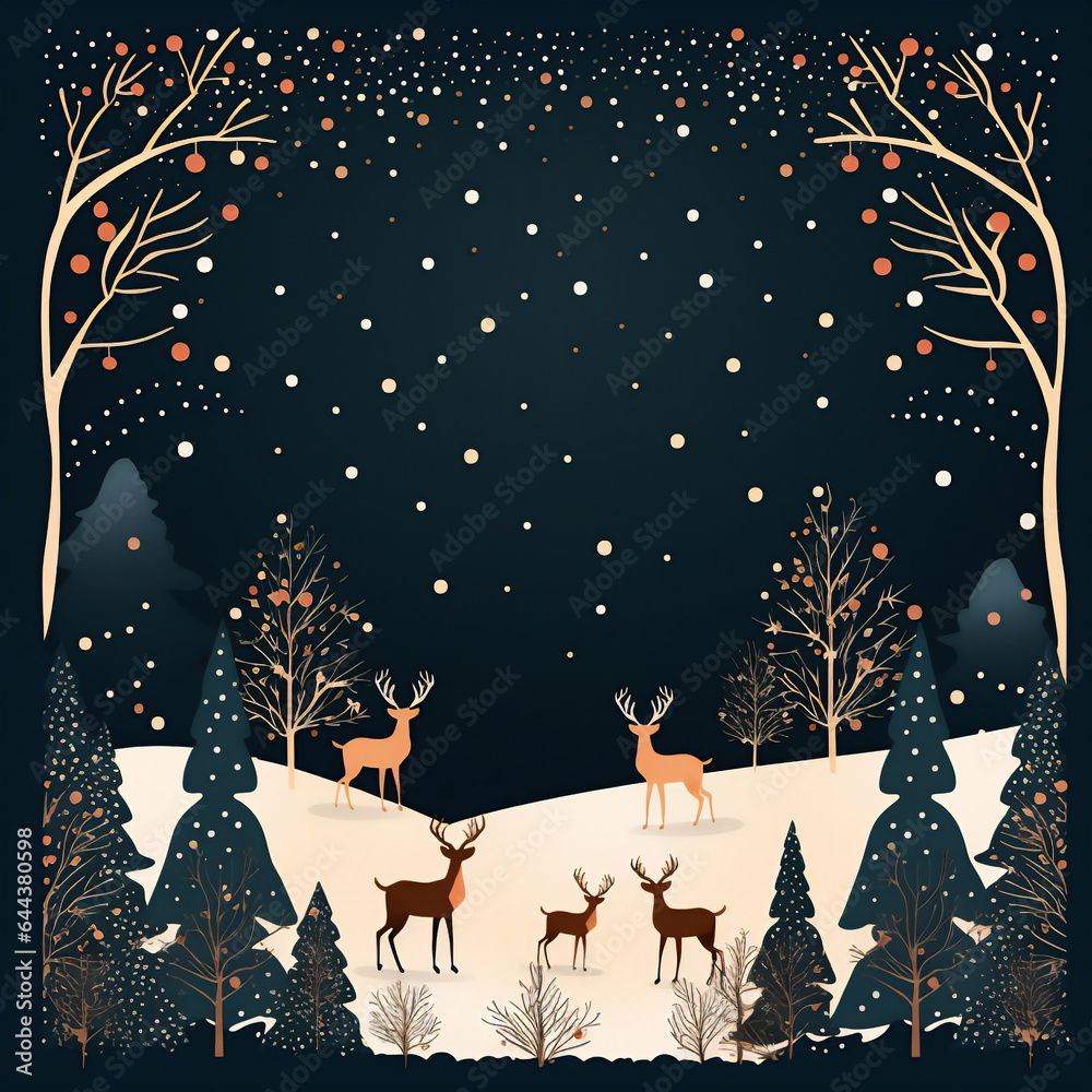 Winter illustration of a deer in a snowy Christmas forest. Trees in the snow.