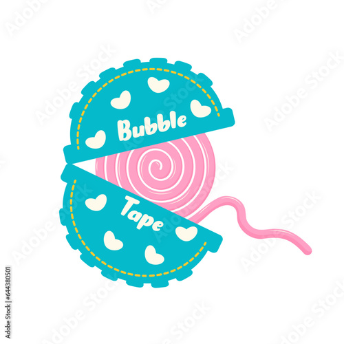 Bubble gum in roll. Classic 80’s or 90’s bubble tape. Retro sweet Chewing Gum. Y2k trendy sticker, fashion patch, badge, emblem.