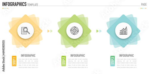 Rectangular and circular infographic template or element with 3 step, process, option, colorful rectangle, circle, square, button, arrow, label, tag, minimal, modern style for sale slide, plan, web 