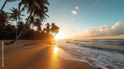 Beautiful beach with coconuts trees at sunset. Generative Ai