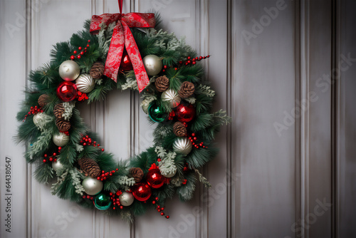 Beautiful Christmas wreath of fresh spruce on white wooden background. Christmas mood.