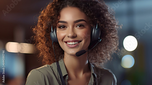 A Customer service representative with curly hair talking through headset in a professional office. Generative Ai