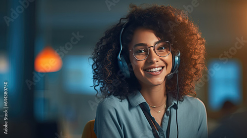 Wallpaper Mural A Customer service representative with curly hair talking through headset in a professional office. Generative Ai Torontodigital.ca