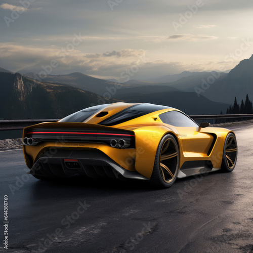 Yellow electric sports car on a mountains road