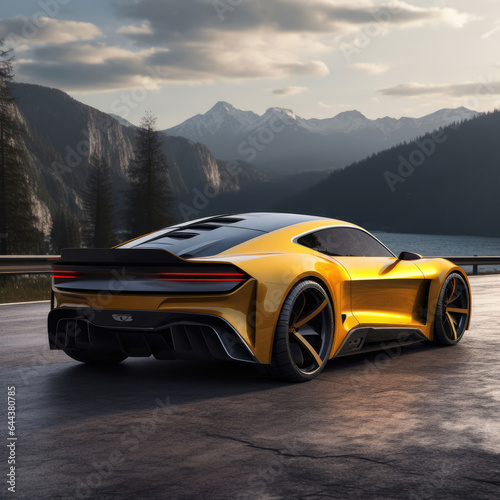 Yellow electric sports car on a mountains road